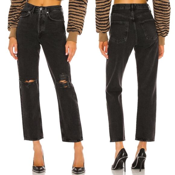 AGOLDE 90s Smokestack Jeans Women’s Size 25 Black Distressed Loose Fit Casual - Picture 1 of 6